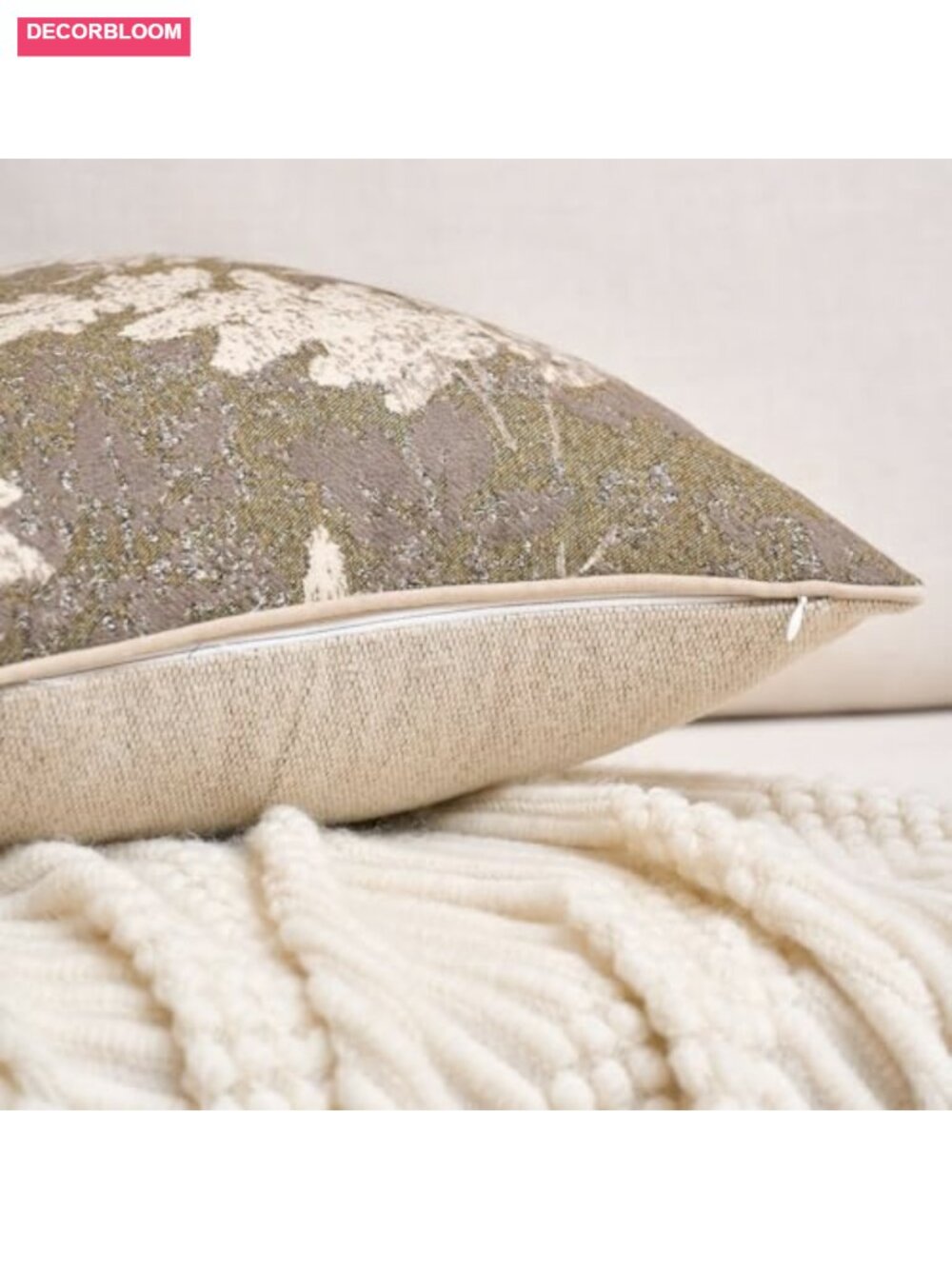 Vintage Chenille Neutral Leaf Throw Pillow Cover 12x20 Inch, Soft Polyester - Picture 2 of 6